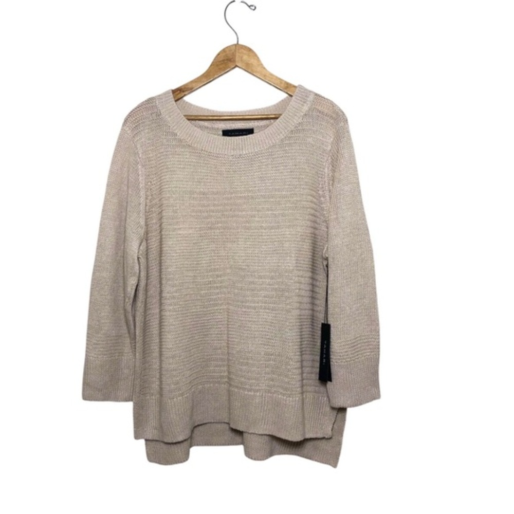 Tahari 100% Linen Crew Neckline Open Knit Pull Over Light Tan Sweater Size XL